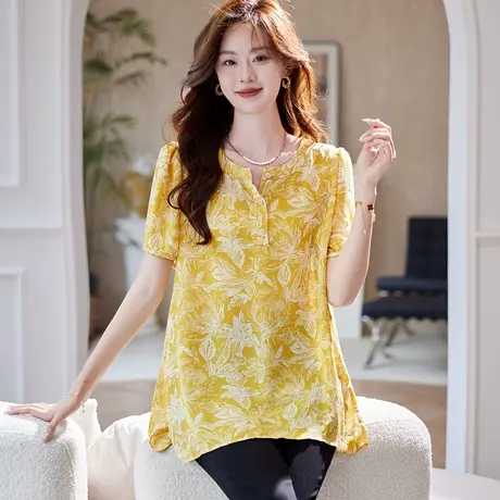 宝诗黎中长款印花短袖雪纺衫女2025夏季气质宽松大码休闲百搭小衫商品大图