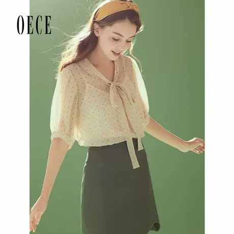 Oece春夏新款女装复古法式减龄系带短袖波点雪纺衫衬衫上衣商品大图
