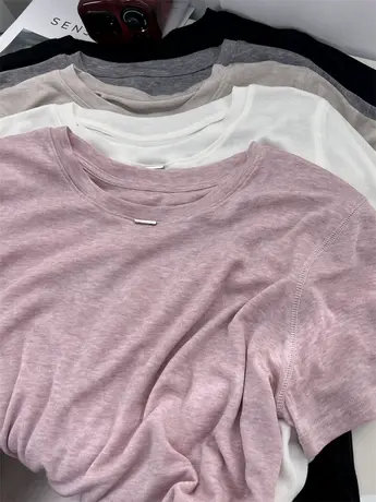 轻薄柔软莱赛尔天丝短袖t恤女夏季宽松温柔纯色圆领清凉面膜上衣商品大图