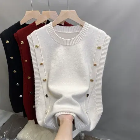设计感圆领针织马甲女2024年春新款叠穿坎肩无袖上衣别致毛衣背心商品大图