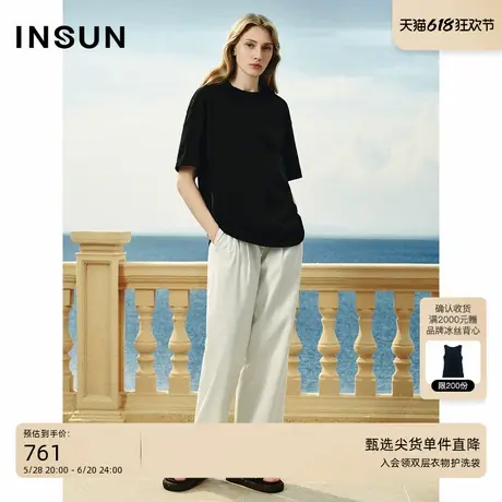 INSUN恩裳夏装纯棉宽松黑色短袖T恤图片