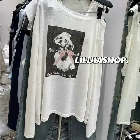 韩国东大门2025夏季新款韩版圆领可爱小狗图案印花短款长袖T恤女商品大图