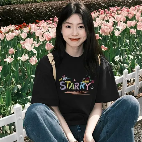 ZH回力黑色短袖t恤女2025新款纯棉宽松大码显瘦小个子半袖上衣服商品大图