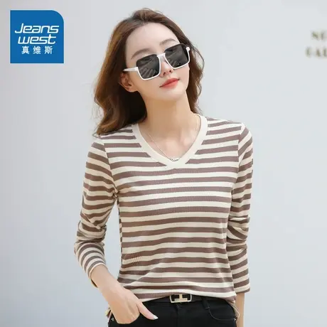 VO真维斯女装2025秋季新款 条纹撞色V领女生长袖打底休闲针织衫图片