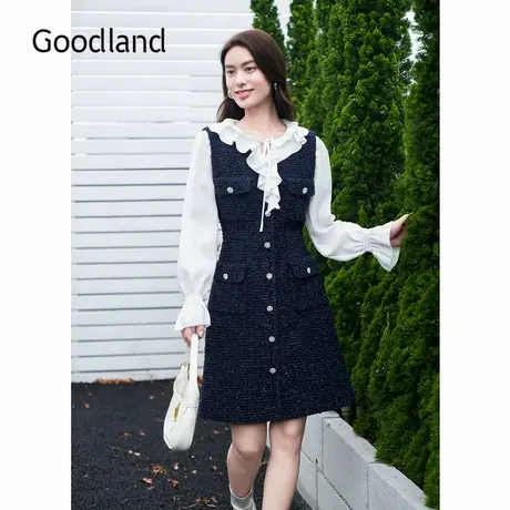 Goodland美地2024秋季新款荷叶领粗花呢假两件连衣裙商品大图