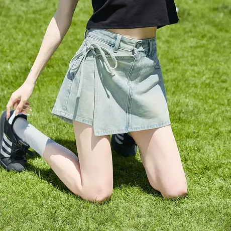 唐狮夏季新款女半身裙复古牛仔蓝色A字裙女绑带短裙裤设计感官方商品大图