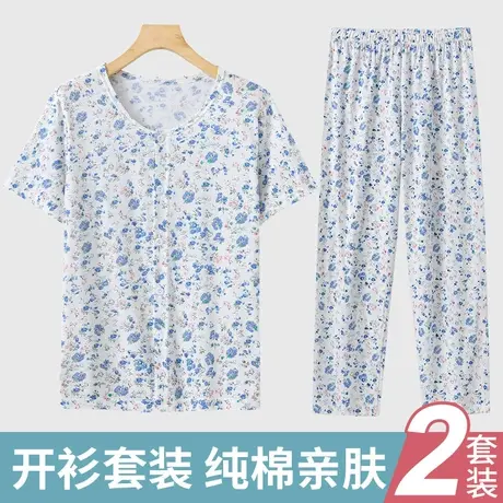 老年人纯棉开衫睡衣女夏季薄款奶奶空调衫妈妈短袖居家服两件套装商品大图