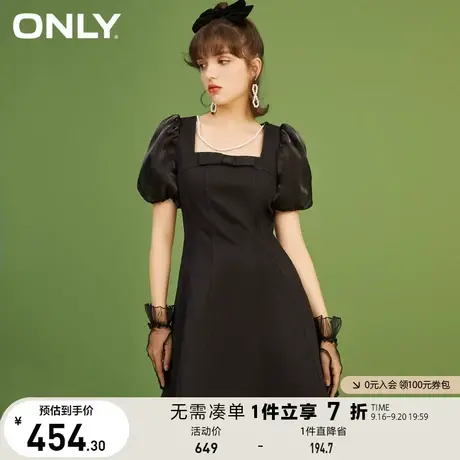 ONLY奥莱夏季牛仔拼接欧根纱A字泡泡袖连衣裙女图片