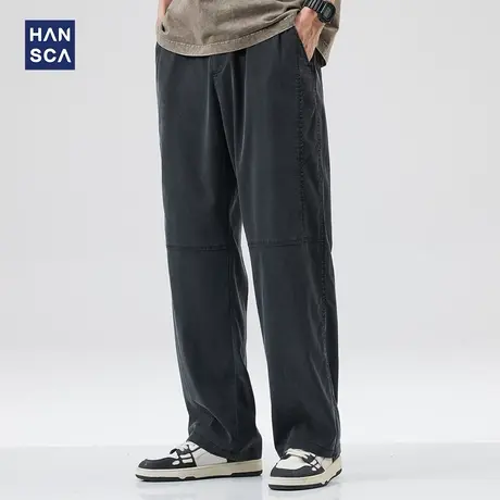 hansca莱赛尔天丝休闲裤男夏季薄款潮牌拼接直筒宽松阔腿大码长裤商品大图