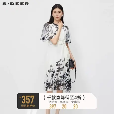 sdeer圣迪奥女装圆领晕染交叉网纱喇叭袖连衣裙S232Z12J1商品大图