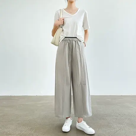 九分杏灰色速干休闲裤女夏季薄款高腰小个子宽松直筒抽绳阔腿裤子商品大图