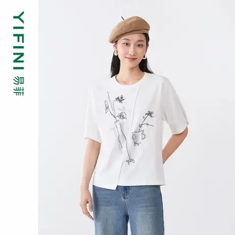 [专柜同款]Yifini/易菲简约拼接刺绣宽松时尚T恤女春秋新款图片