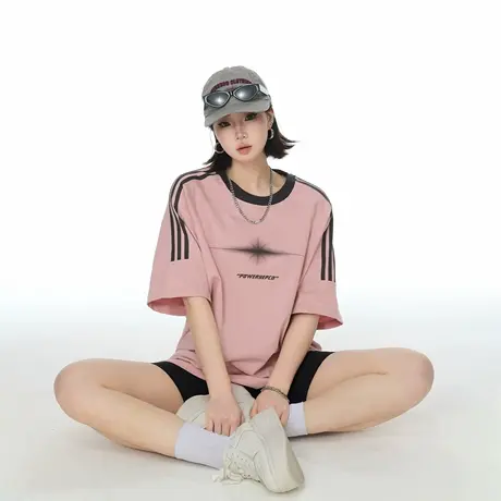 2025夏季新款潮酷三道杠印花宽松短袖T恤女街头风纯棉半袖上衣图片