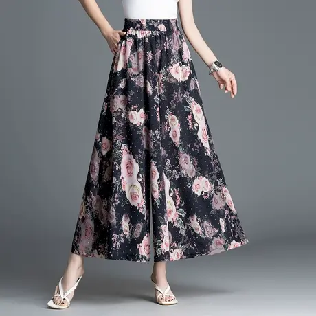 裙裤女2025年夏季新款轻熟风高腰细闪玫瑰印花阔腿裤垂坠感九分裤商品大图