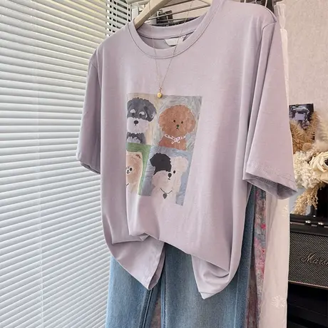 青春减龄可爱小狗印花宽松休闲纯棉短袖T恤女 白色紫色体恤上衣薄商品大图
