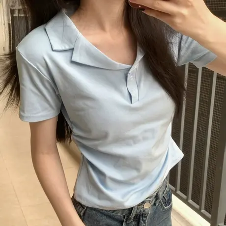 ins超火正肩V领短袖T恤女夏季韩版修身打底衫内搭短款POLO衫上衣商品大图