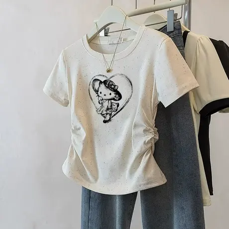 高级感彩虹波点短袖t恤女夏季新款正肩圆领短袖褶皱修身收腰上衣商品大图