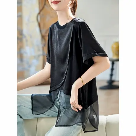 宝诗黎假两件拼接宽松短袖雪纺衫2025夏季宽松简约黑色休闲小衫女商品大图