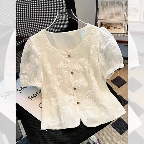 拉夏贝尔新中式刺绣盘扣衬衫女夏2025今年流行的国风上衣女装小衫图片