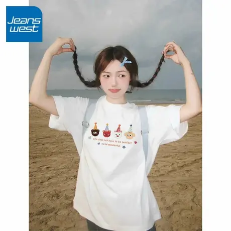 KV真维斯白色纯棉短袖t恤女2025新款 夏季休闲体恤小个子圆领上衣商品大图