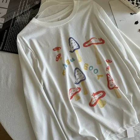 白色圆领空调衫长袖宽松防晒衣慵懒薄款T恤女夏天丝卡通印花罩衫图片