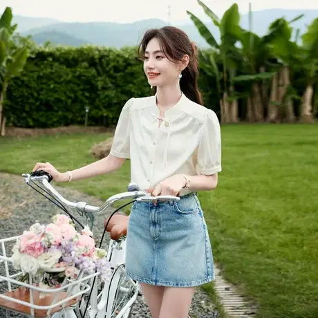 时尚气质衬衫2024年夏季新款女简约百搭宽松个性短袖T纯色上衣商品大图