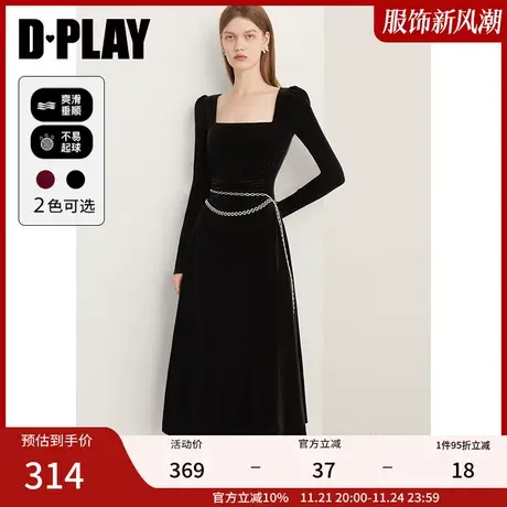 DPLAY秋装法式复古名媛黑色方领高级感丝绒连衣裙小黑裙礼服商品大图