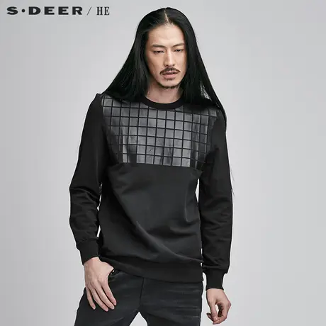 sdeerhe圣迪奥男装休闲个性酷感拼皮圆领纯色长袖上衣H15372237图片