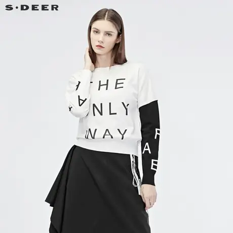 sdeer圣迪奥2019秋圆领不对称拼接撞色字母落肩袖针织衫S19183519图片