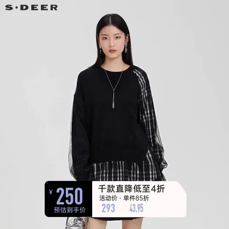 sdeer圣迪奥女装罗纹圆领格纹网纱拼接设计感黑丝针织衫S223Z3591图片