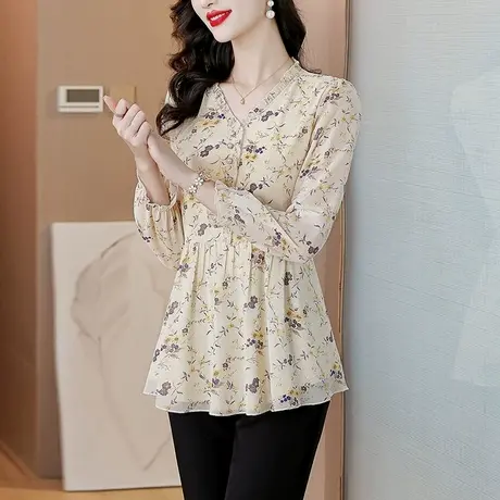 春秋碎花雪纺衫女2025新款法式中长款衬衣女修身显瘦洋气妈妈上衣图片