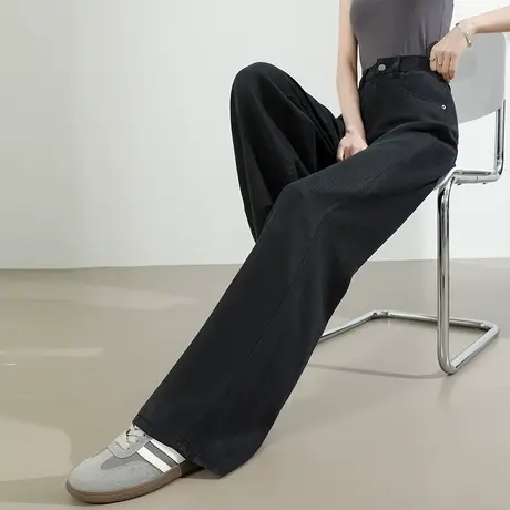 莱赛尔天丝亚麻阔腿牛仔裤女夏季薄款黑色显瘦垂感直筒高腰拖地裤图片