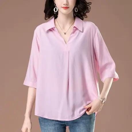 七分袖衬衫女夏季新款加肥加大码女装宽松胖妈妈纯色休闲中袖上衣图片