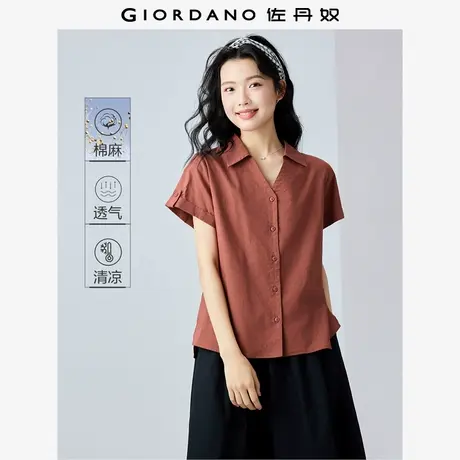 佐丹奴衬衫女装天然棉麻V字翻领梭织短袖休闲衬衫 05345461商品大图