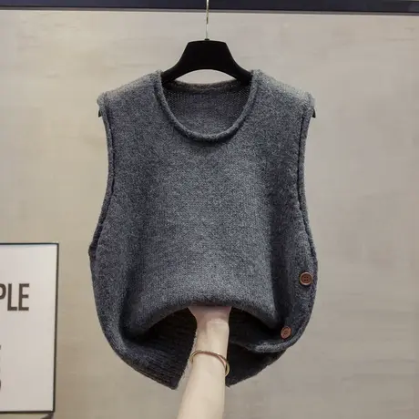 针织背心女休闲时尚无袖毛衣女针织马甲秋冬新款外穿圆领开叉坎肩商品大图