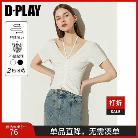 DPLAY2025夏日常百搭白色前中抽褶设计短袖短袖修身T恤上衣女商品大图