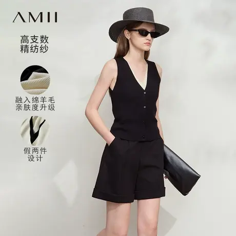 Amii2025夏极简新款知性V领撞色假两件直筒无袖背心马夹女商品大图