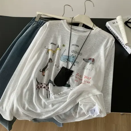 轻薄透气雪花肌理动物涂鸦防晒罩衫女莱赛尔天丝长袖T恤空调衫夏商品大图