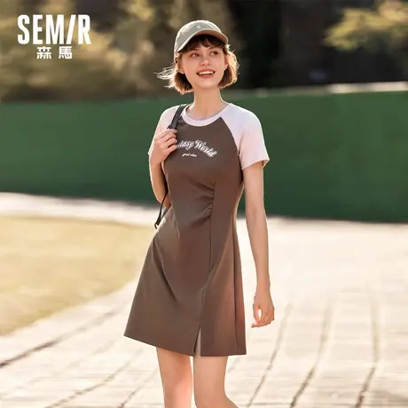森马连衣裙女插肩袖修身收腰2024夏季新款字母开叉短裙运动风潮流商品大图