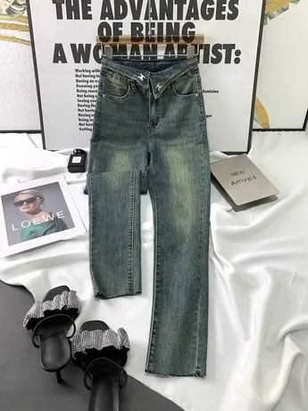 韩版复古磨白腰围翻边牛仔小脚裤2023秋季新款显瘦百搭高腰弹力裤商品大图