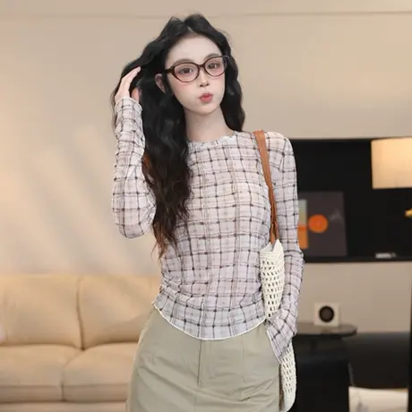 尔给复古设计感撞色格子微透薄款网纱打底衫女速干软糯防晒网纱图片