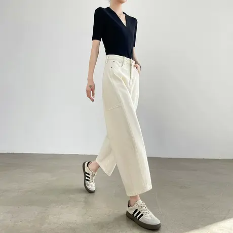 白色阔腿牛仔弯刀裤女夏季薄款高腰直筒宽松哈伦小个子八分九分裤商品大图