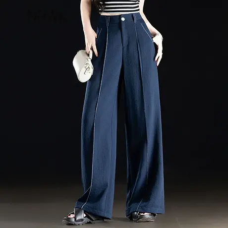 天丝亚麻阔腿裤子女2025新款夏季薄款垂感高级感藏蓝色休闲直筒裤商品大图
