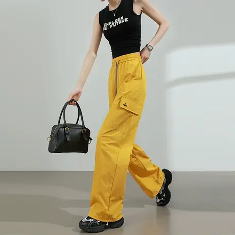 美式速干工装裤女夏季薄款高腰宽松休闲黄色直筒阔腿束脚运动裤子图片