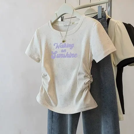 2025新款短款小个子收腰t恤女潮流褶皱修身彩虹波点短袖减龄上衣商品大图