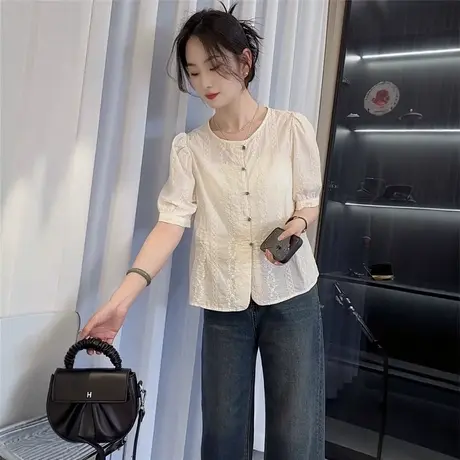 新中式国风衬衫女短袖薄款夏季2025新款高级感刺绣小个子上衣小衫图片