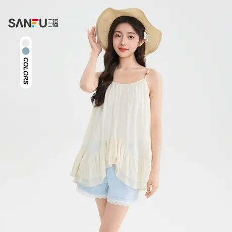 三福短衬衫2025夏季串珠吊带多层不规则下摆上衣女装503645商品大图