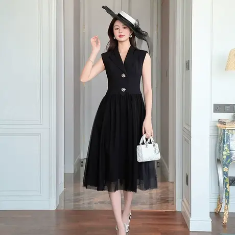 西装领无袖网纱连衣裙商品大图