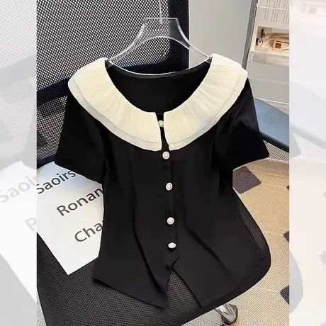 拉夏贝尔法式小香风上衣女夏季短袖衬衫2025年新款娃娃领气质小衫图片