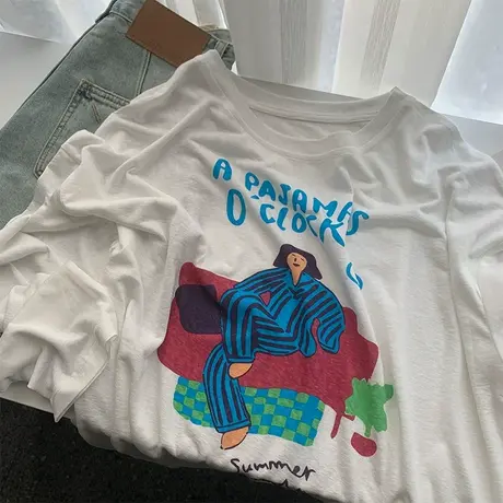 卡通印花防晒长袖T恤女夏季薄款透气圆领宽松百搭大码罩衫空调衫商品大图